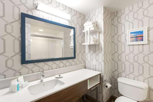 a bathroom with a sink and a mirror and a toilet at Hampton Inn Buffalo-South/I-90 in West Seneca