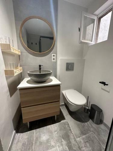 une salle de bain avec un lavabo, des toilettes et un miroir dans l'établissement T3 style loft, au calme, plein centre et climatisé, à Montpellier