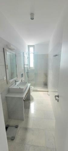 a white bathroom with a sink and a shower at Villa celine in Aliki