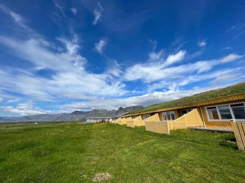 a building with a grass roof on a field at Guesthouse Hof in Hofgarðar