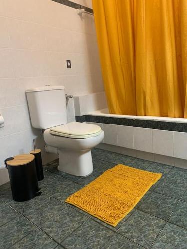 a bathroom with a toilet and a yellow shower curtain at Apartment Aura in Argostoli
