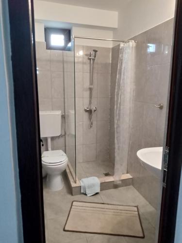 a bathroom with a shower and a toilet and a sink at Black Sea in Costinesti