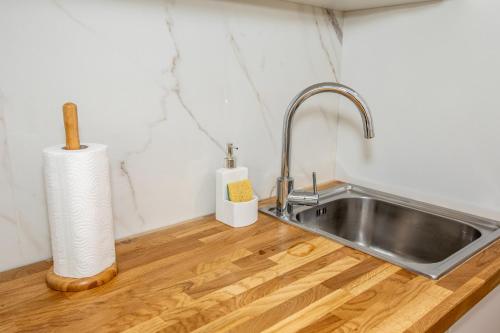 un bancone della cucina con lavandino e un rotolo di carta da cucina di Fabuleux Studio a Beausoleil