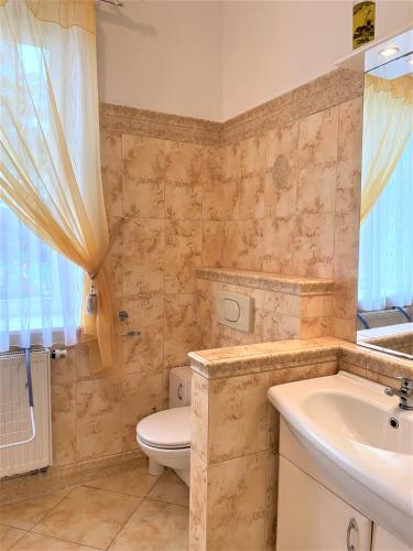 a bathroom with a toilet and a sink and a tub at Holičák in Olomouc