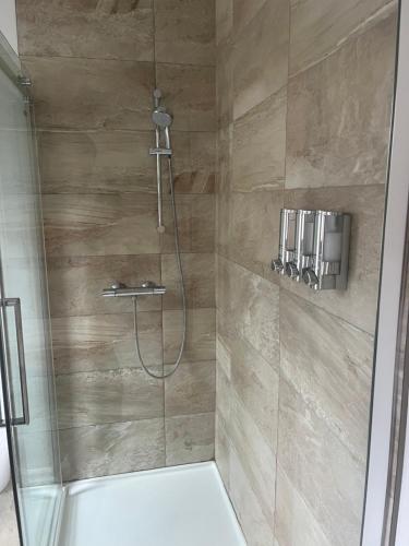 baño con ducha y puerta de cristal en Les chambres des Grisons établissement sans contact, en Quebec