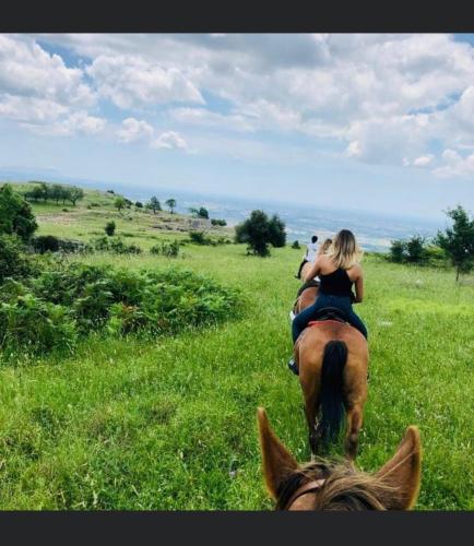 a group of people riding on a horse in a field at Sweet Home Sofia in Norma