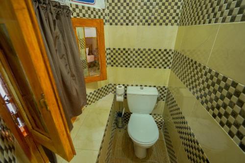 a bathroom with a toilet and a mirror at Riad Sahraui in Fès
