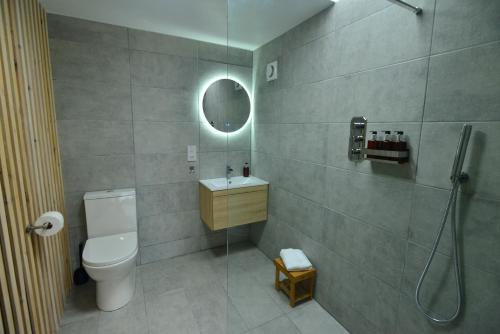 ein Bad mit einer Dusche, einem WC und einem Waschbecken in der Unterkunft Scottish countryside Bothy in Arbroath
