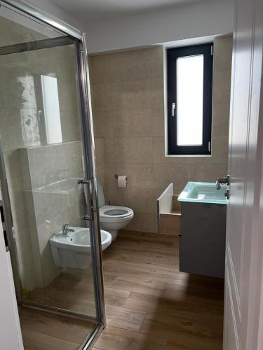 La salle de bains est pourvue de toilettes, d'un lavabo et d'une douche. dans l'établissement Apartament Monaco, à Roman