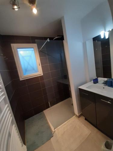 ein Bad mit einer Dusche, einem Waschbecken und einem Spiegel in der Unterkunft CAP MONTA - Maison Neuve in Vendays-Montalivet