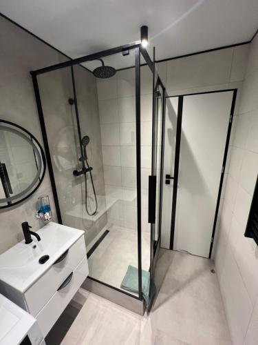 a bathroom with a glass shower and a sink at White and Black Apartments in Katowice
