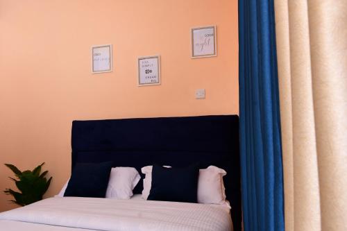a bed with a blue headboard next to a curtain at Modern & Homely Suite with Free Parking & WiFi in Embu