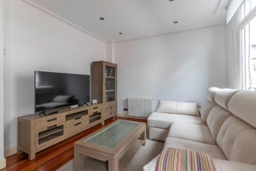 a living room with a couch and a flat screen tv at Apartamento La Alameda de Indautxu in Bilbao