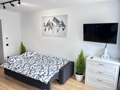 a bedroom with a bed and a flat screen tv at White and Black Apartments in Katowice
