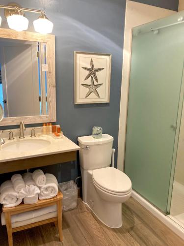 a bathroom with a toilet and a sink and a shower at Sand Pebbles Inn in Cambria