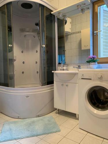 a bathroom with a shower and a washing machine at Tranquil verde in Matulji
