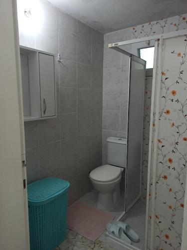 a small bathroom with a toilet and a shower at Local Home in Çağlayan