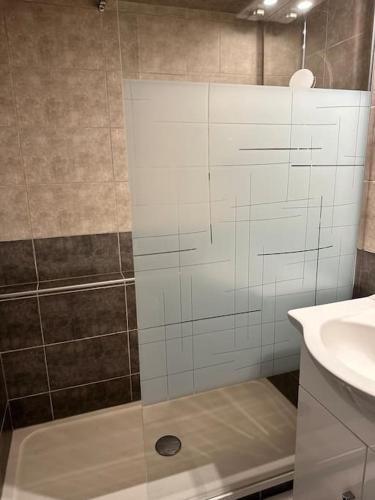 een douche met een glazen deur in de badkamer bij Charmant appartement in Briançon