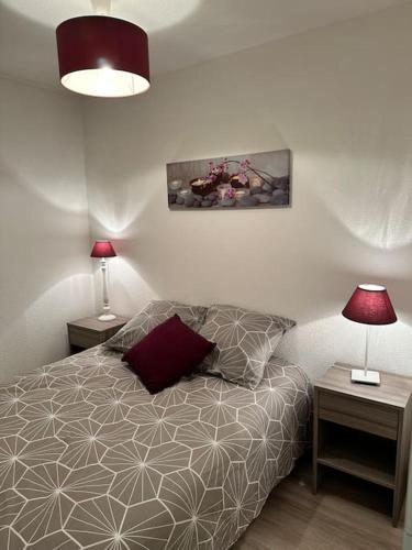 een slaapkamer met een bed en 2 tafels met lampen bij Charmant appartement in Briançon