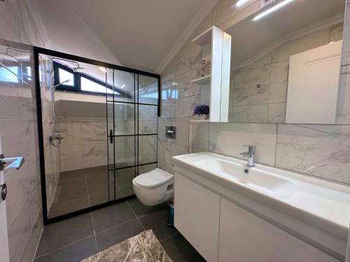a bathroom with a toilet and a sink and a shower at HACI BEY VİLLALARI in Kemer