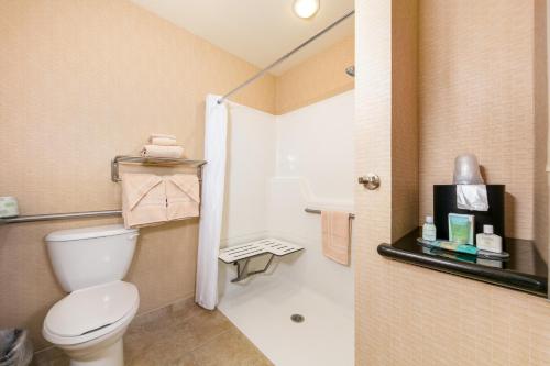 a bathroom with a toilet and a shower at Celilo Inn in The Dalles