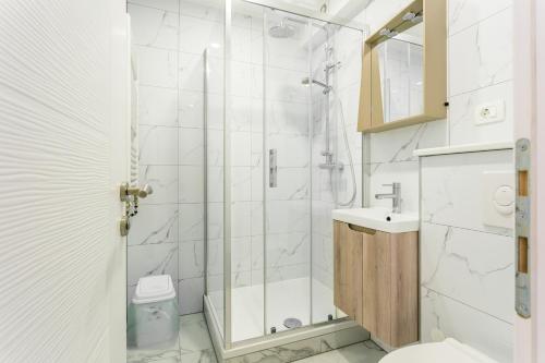 ein Bad mit einer Dusche, einem WC und einem Waschbecken in der Unterkunft Apartments by the sea Brela, Makarska - 18356 in Brela