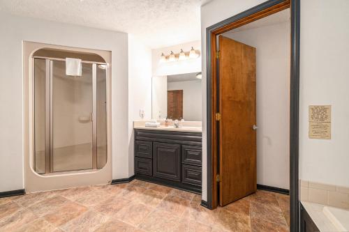 a bathroom with a shower and a sink at Maplewood in Thompsonville