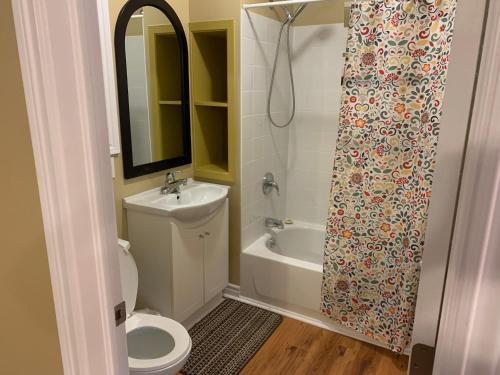 a bathroom with a toilet and a sink and a shower at Wu Wu's Cabins in Wasaga Beach