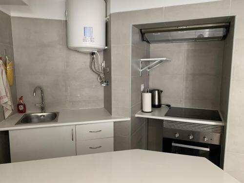 a small kitchen with a sink and a stove at Lisboa - Arroios Central Apartment in Lisbon