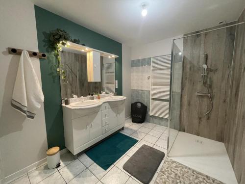 uma casa de banho com um lavatório e um chuveiro em Gîte Saligny-sur-Roudon, 3 pièces, 5 personnes - FR-1-489-461 em Saligny-sur-Roudon