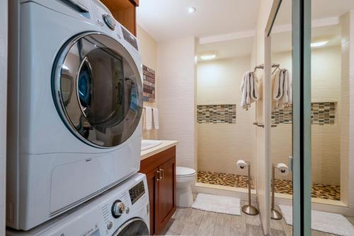 a laundry room with a washer and dryer at Spacious Princeville studio in Princeville