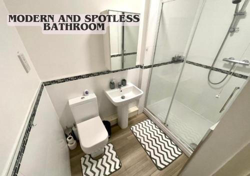 La salle de bains est pourvue de toilettes, d'un lavabo et d'une douche. dans l'établissement Cute and cosy studio in a Fantastic Location! BISHOPS STORTFORD, à Bishop's Stortford
