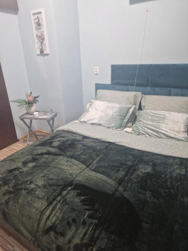 a bedroom with a bed with a rug on it at Apartament Blisko Natury in Olsztyn