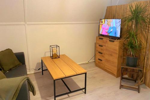 a living room with a table and a tv on a dresser at Finnhütte Strandbad Adria in Dessau