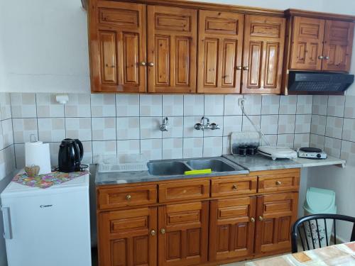 a kitchen with wooden cabinets and a sink and a refrigerator at Eva's Home in Skala Kallirakhis