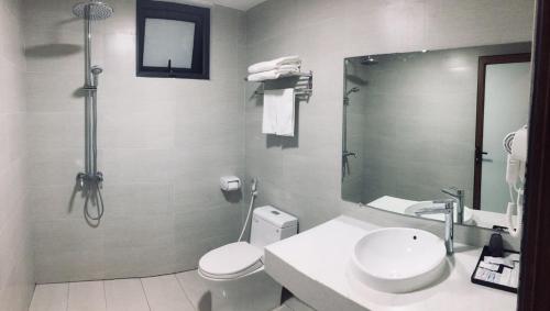 ein Badezimmer mit einem WC, einem Waschbecken und einem Spiegel in der Unterkunft Minh Thanh Homes - Hà Đông,Hà Nội in Hà Ðông