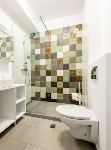 a bathroom with a toilet and a shower at SnS Apartament Regal in Mamaia