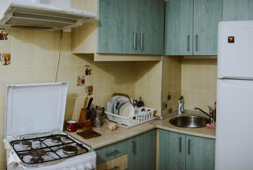 a kitchen with green cabinets and a stove and a sink at Pension Tofalvi in Harghita-Băi