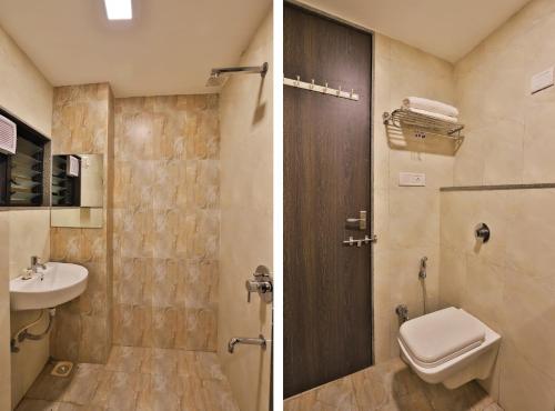 two pictures of a bathroom with a toilet and a sink at Hotel Royal Rituals Vesu in Surat
