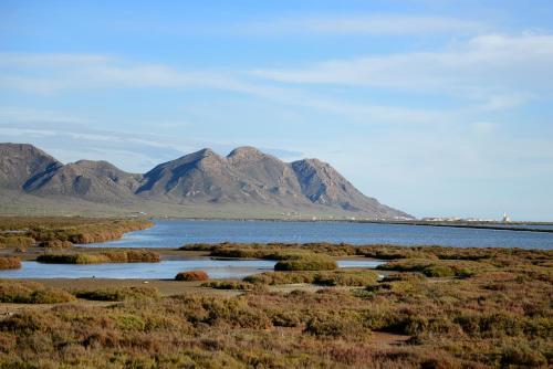a body of water with mountains in the background at Hotel Calachica Las Negras in Las Negras