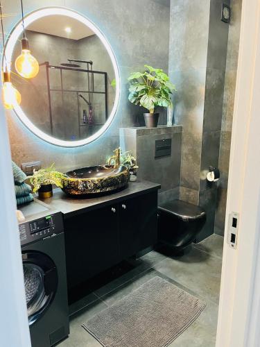 a bathroom with a sink and a washing machine at Aici te simți ca acasa in Iaşi