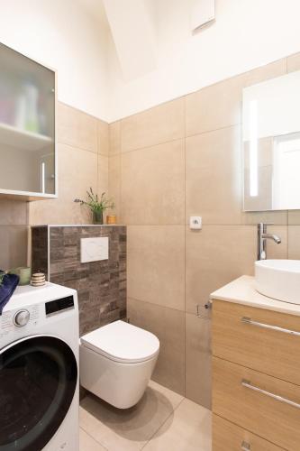 La salle de bains est pourvue de toilettes et d'un lave-linge. dans l'établissement Boutique apartment LA LAVANDE free parking CENTER Nice, à Nice