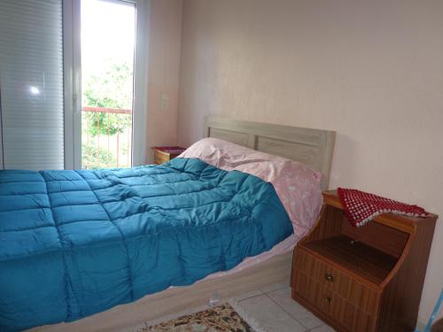 ein Schlafzimmer mit einem Bett mit blauer Decke und einem Fenster in der Unterkunft Country House with fireplace 
