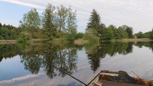 a boat on a lake with a rod in the water at Korsholt-natur 135 G in Sindal