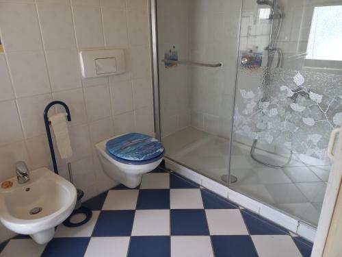 a bathroom with a toilet a sink and a shower at Walla 6 in Lippoldsberg