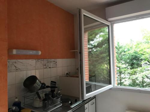 a kitchen with a window in the corner of a kitchen at Appartement Toulouse Jardin St Martin in Toulouse