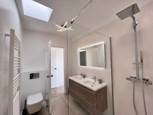 une salle de bain avec un lavabo, des toilettes et un miroir dans l'établissement Rooftop Villeneuve, à Villeneuve-Loubet