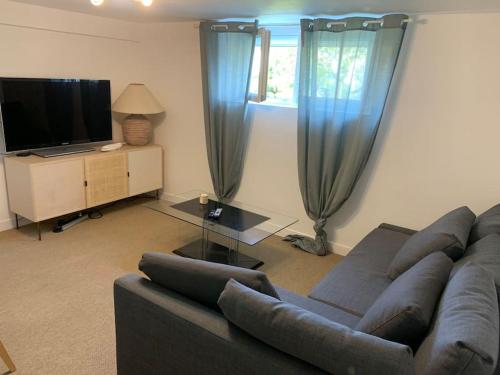 sala de estar con sofá y TV de pantalla plana en Appartement proche Saint Malo, en Saint-Jouan-des-Guérets