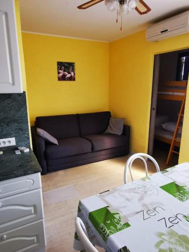 sala de estar con sofá y mesa en una habitación en Joli studio cabine dans résidence en bord d'étang en Le Barcarès