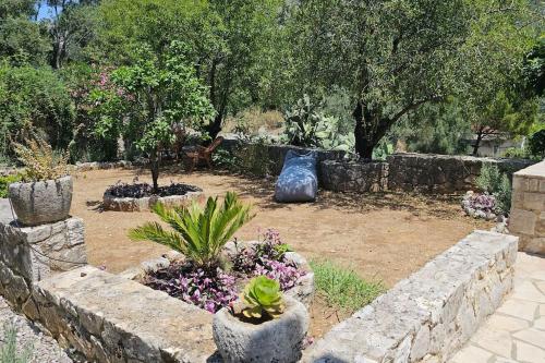 a garden with a stone wall and some plants at The Blooming House in Makriótika